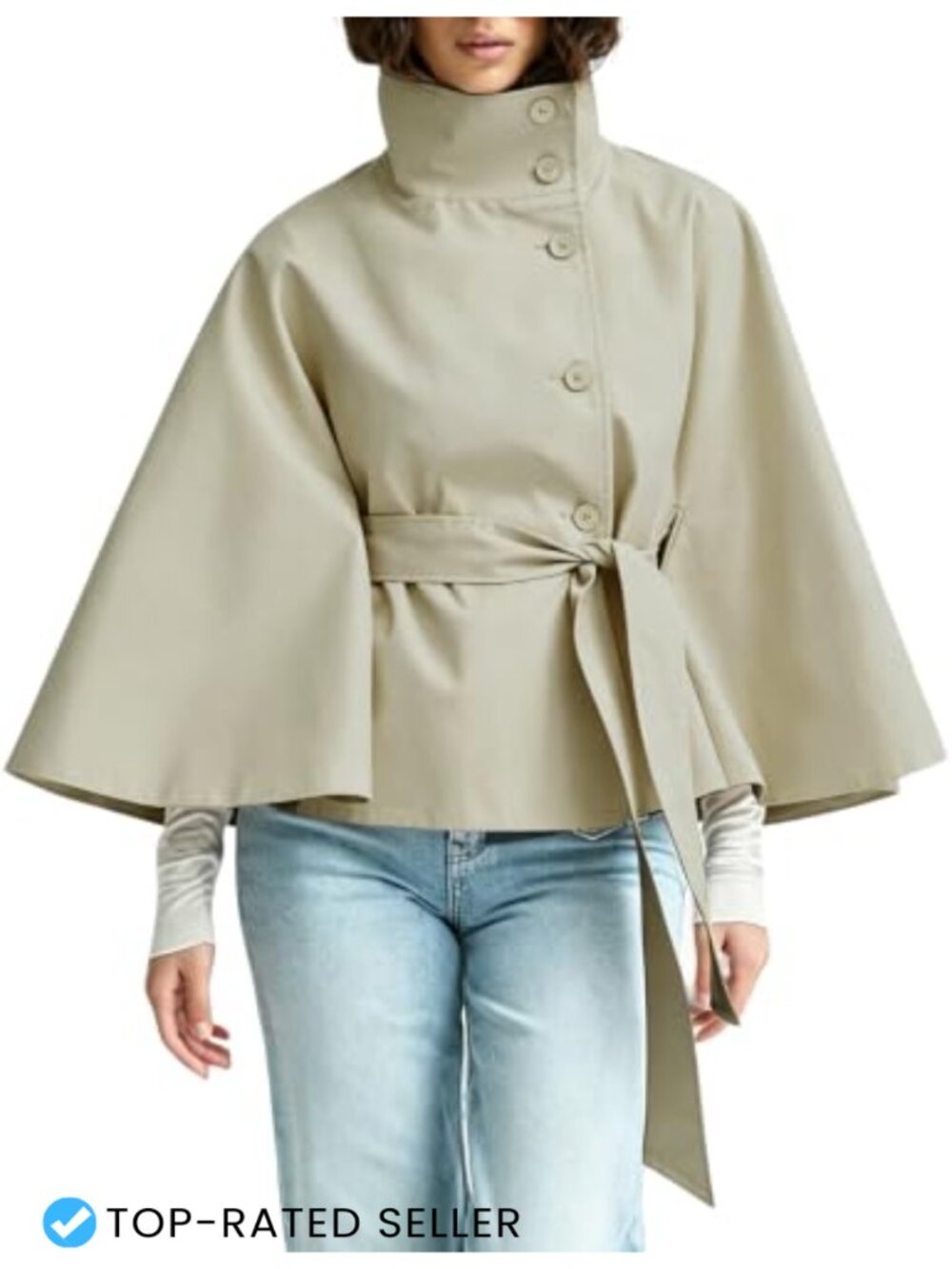 Cropped Trench Coat Batwing Sleeve Cape Jacket with Belt